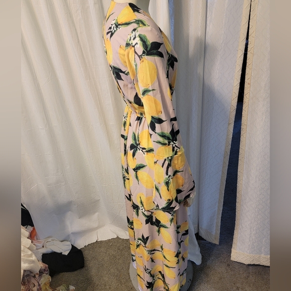 Aeryne All Over Lemon Print Long Belle Sleeve Maxi Dress With Slit Side Sz Small - Picture 14 of 14
